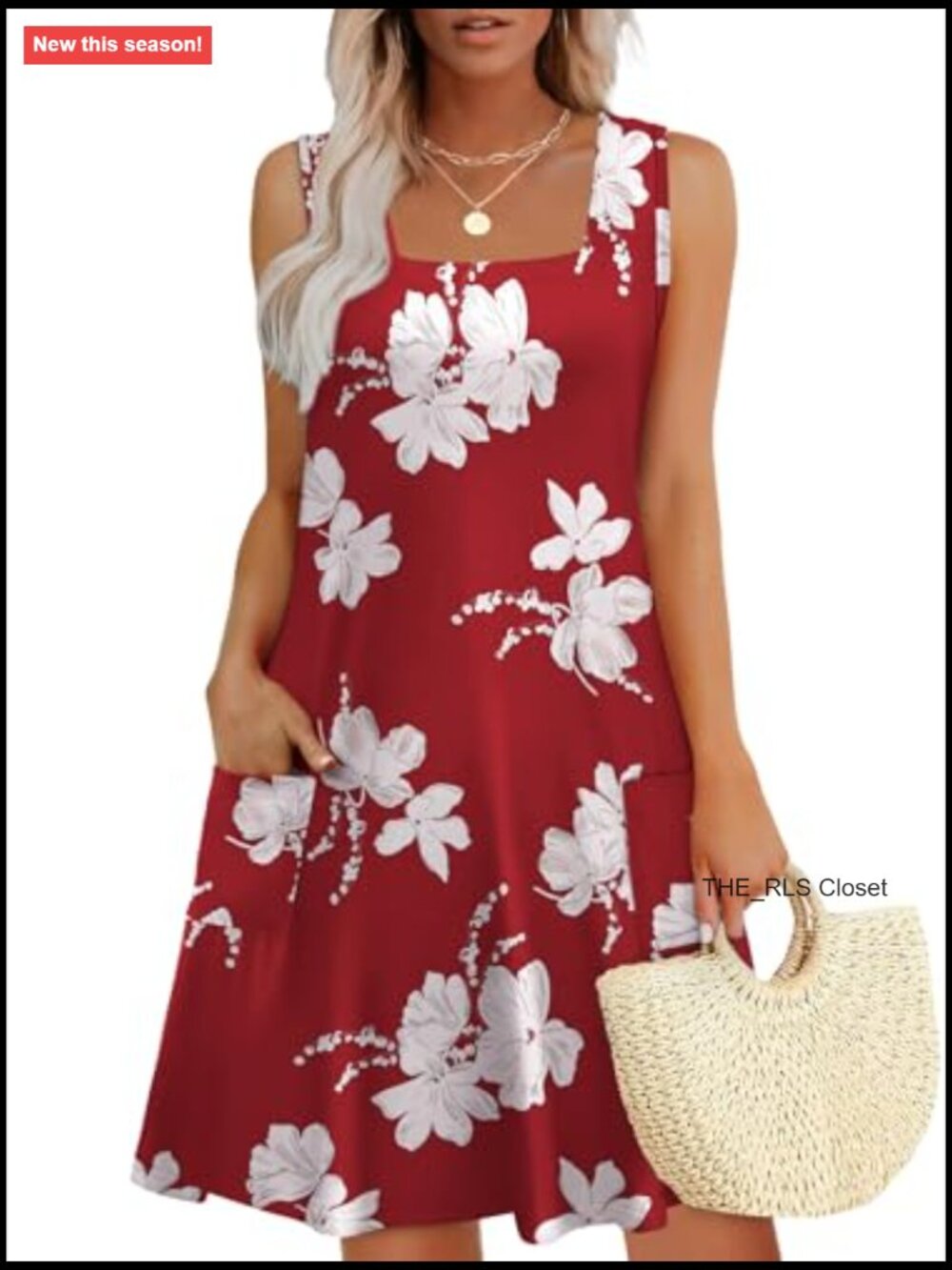 Square Neck Sleeveless Swing Sundress with Pockets, Loose Fit - Picture 2 of 7